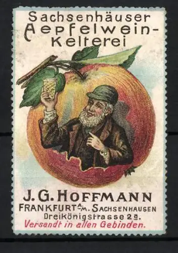 Reklamemarke Frankfurt a. M., Sachsenhäuser Apfelweinkelterei, Dreikönigstrasse 2a, Mann mit Apfel und Glas