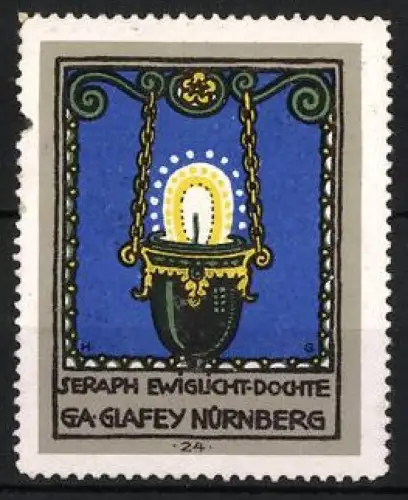 Reklamemarke Nürnberg, Seraph Ewiglicht-Dochte, G.A. Glafey, hängende Lampe