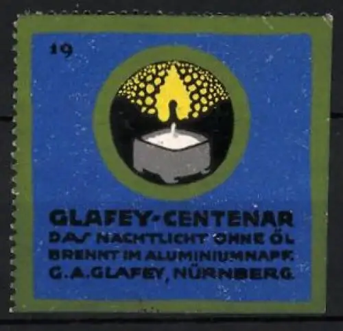 Reklamemarke Nürnberg, Glafey-Centenar Nachtlicht, Kerze im Aluminiumbecher