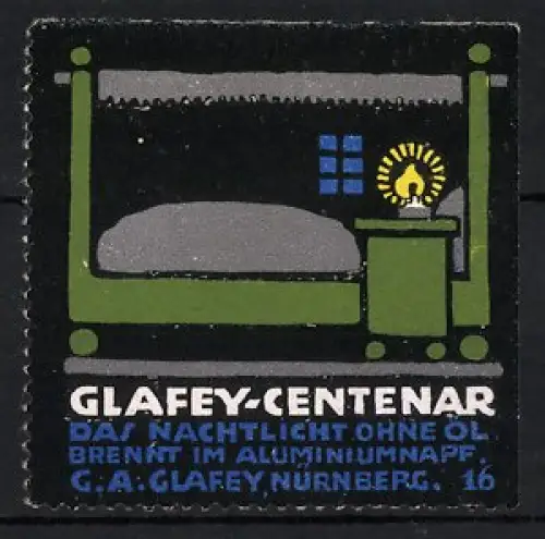 Reklamemarke Nürnberg, Glafey-Centenar, Nachtlicht ohne Öl im Aluminiumbecher