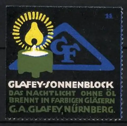 Reklamemarke Nürnberg, G.A. Glafey, Glafey-Sonnenblock, Nachlicht ohne Öl