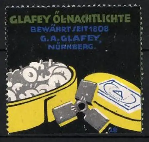 Reklamemarke Nürnberg, G.A. Glafey, Glafey Ölnachtlichte, Dose mit Teelichtern