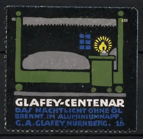 Reklamemarke Nürnberg, G.A. Glafey, Glafey-Centenar, Nachtlicht ohne Öl im Aluminiumnapf