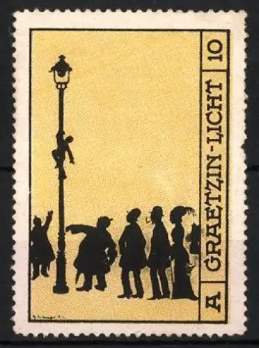 Reklamemarke A. Graetzin-Licht, Strassenlaterne und Silhouetten