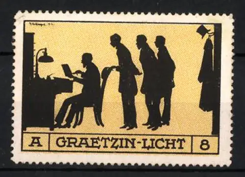 Reklamemarke Graetzin-Licht, Schreibtisch mit Männergruppe