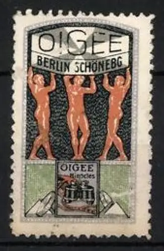 Reklamemarke Berlin-Schöneberg, OIGEE Binocles, Drei Figuren mit Fernglas