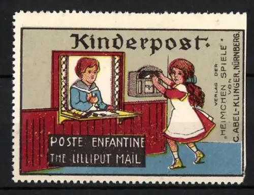 Reklamemarke Nürnberg, C. Abel-Klinger, Verlag der Heimchen Spiele, Kinderpost, Kind mit Postschalter