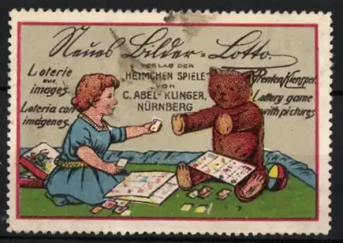 Reklamemarke Nürnberg, C. Abel-Klinger, Verlag der Heimchen Spiele, Neues Bilder-Lotto, Mädchen und Teddybär