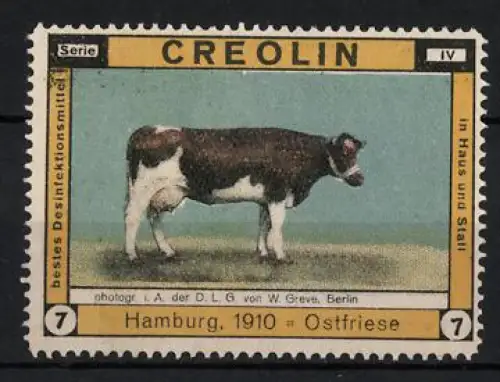 Reklamemarke Hamburg, Creolin, Desinfektionsmittel, Ostfriesen-Kuh 1910