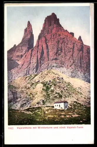 AK Vajoletthütte, Berghütte mit Winklerturm und nördl. Vajolett-Turm