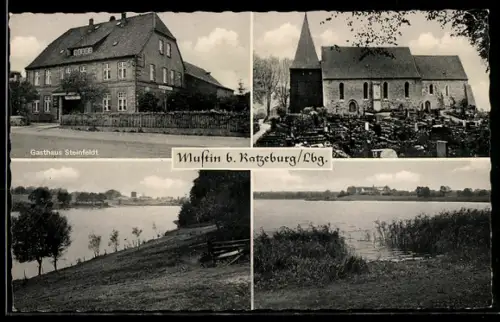 AK Mustin b. Ratzeburg, Gasthaus Steinfeldt, Kirche, Seeansichten