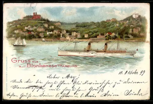 Lithographie Blankenese /Hamburg, Elbblick mit Dampfschiff und Villen am Hang