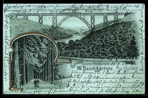 Lithographie Müngsten, Eisenbahnbrücke, 100 jährige Tannen-Allee, Gruss aus dem Restaurant W. Baumgärtner