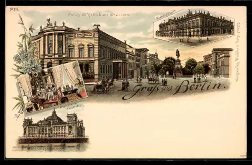 Lithographie Berlin, Palais u. Arbeitszimmer Wilhelm I., Reichstagsgebäude, Ruhmeshalle