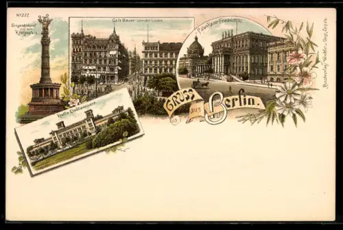 Lithographie Berlin, Gaststätte Krolls Etablissement, Siegessäule, Café Bauer