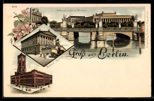 Lithographie Berlin, Schlossbrücke und Museum, National-Galerie, Rotes Rathaus