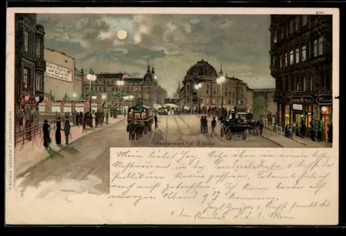 Lithographie Berlin, Weidendammer-Brücke bei Nacht, Strassenleben, Pferdekutschen, Strassenbahn, beleuchtete Gebäude