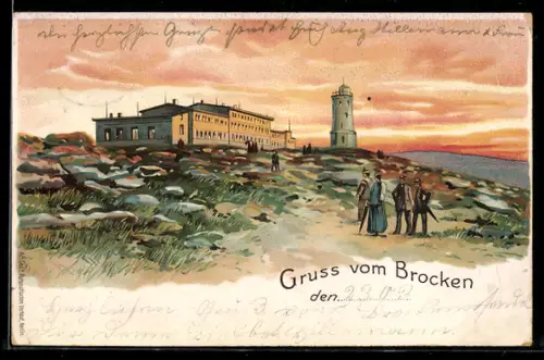 Lithographie Brocken, Hotel und Aussichtsturm, Besucher