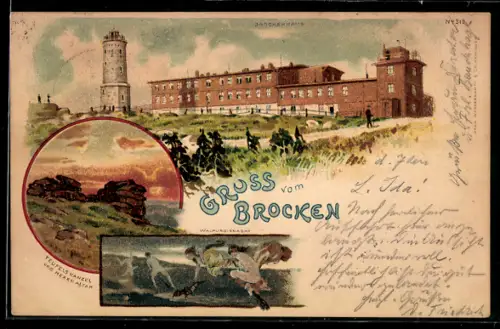 Lithographie Brocken, Brockenhaus, Turm, Teufelskanzel, Brockenhexen