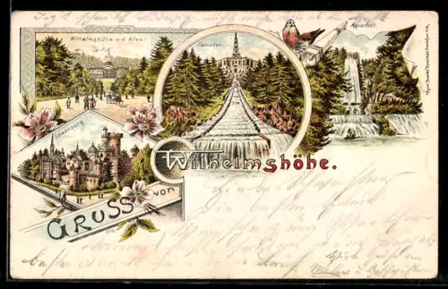 Lithographie Wilhelmshöhe, Schloss, Aquädukt, Löwenburg, Cascaden