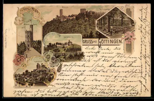 Lithographie Göttingen, Bismarckturm, Burg Plesse, Mariaspring
