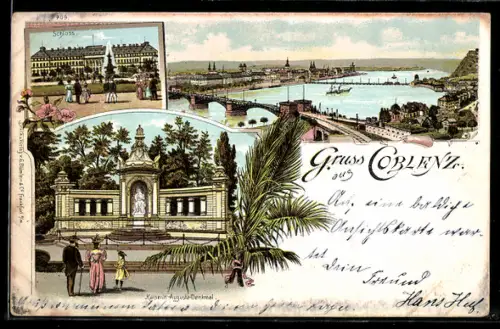 Lithographie Koblenz, Schloss, Rheinansicht, Kaiserin Augusta-Denkmal