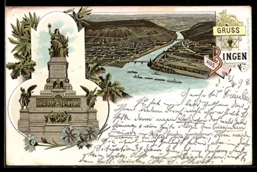 Lithographie Bingen, Niederwalddenkmal, Rheinpanorama, Kornblumen, Eichen- u. Lorbeerzweige
