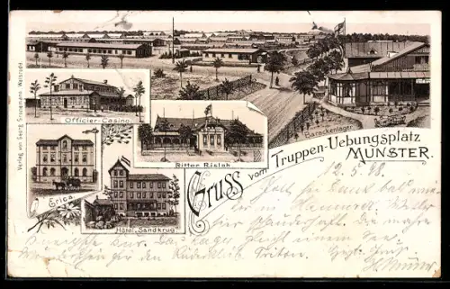 Lithographie Munster, Truppen-Übungsplatz, Offizier-Casino, Ritter Risloh, Hotel Sandkrug