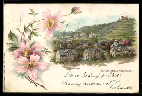 Lithographie Kötzschenbroda-Niederlössnitz, Ortsansicht mit Berg und Gebäuden, Rose