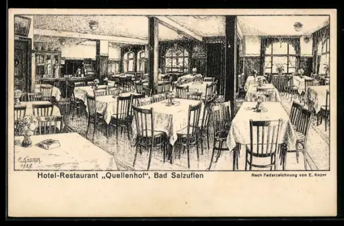 Künstler-AK Bad Salzuflen, Hotel-Restaurant Quellenhof F. Düsterwald, Am Kurparkeingang, Speisesaal