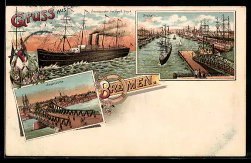 Künstler-AK Bremen, Dampfer Nordd. Lloyd, Freihafen, Weserbrücken mit Stadtpanorama