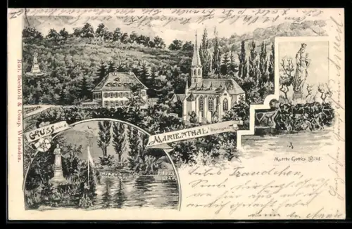 Künstler-AK Marienthal b. Bingen, Kirche, Mutter Gottes Bild, Wasserpartie mit Statue