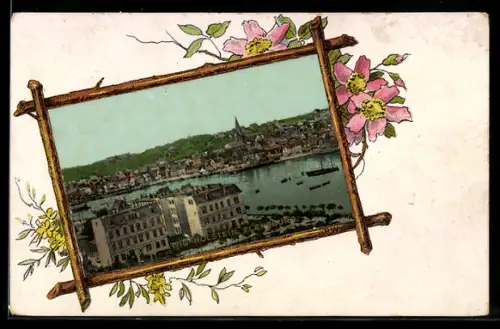 Lithographie Flensburg, Ortsansicht mit Hafen und Uferpromenade, Rahmen, Blumen