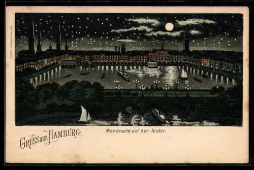 Lithographie Hamburg, Mondnacht auf der Alster, Ortspartie