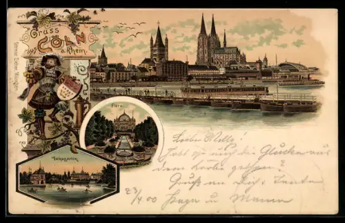 Lithographie Köln a. Rhein, Dom, Flora, Volksgarten, Figur mit Wappen