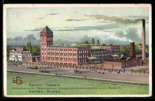 Künstler-AK Riesa-Gröba, Seifenfabrik der Grosseninkaufs-Gesellschaft Deutscher Consumvereine