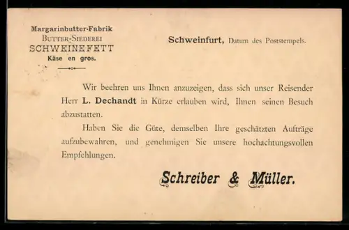 AK Schweinfurt, Margarinbutter-Fabrik Schreiber & Müller, Wappen, Vertreter-Besuchsankündigung