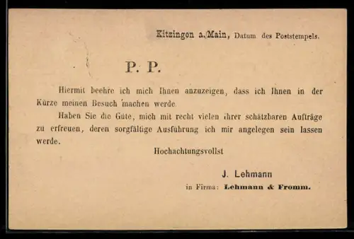 AK Kitzingen a. Main, Geschäftliche Mitteilung von Lehmann & Fromm, Präge-Wappen