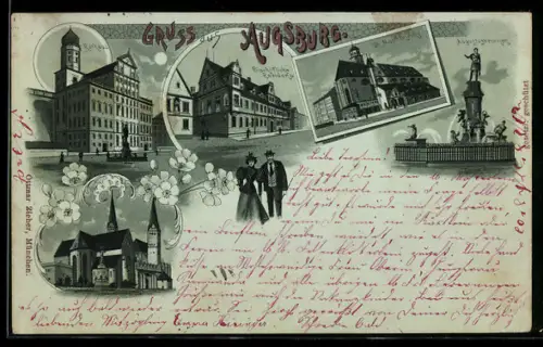Mondschein-Lithographie Augsburg, Rathaus, Augustusbrunnen, Bischöfl. Residenz, Paar
