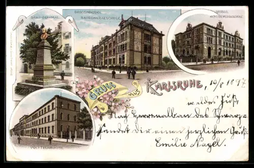 Lithographie Karlsruhe, Grossherzogl. Baugewerkschule, Grossh. Kunstgewerbeschule, Drais-Denkmal, Polytechnikum