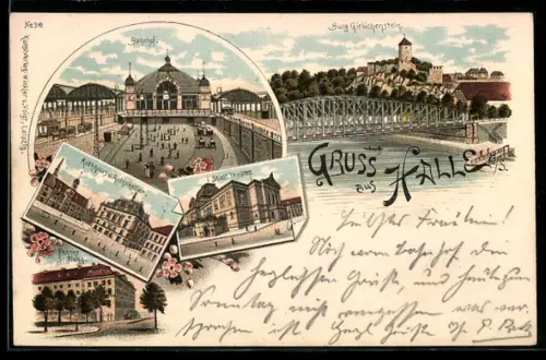 Lithographie Halle, Burg Giebichenstein, Bahnhof, Stadttheater