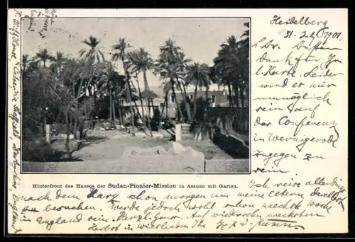 AK Assuan, Haus der Sudan-Pionier-Mission, Hinterfront mit Garten