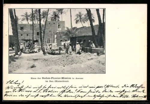 AK Assuan, Haus der Sudan-Pionier-Mission, Hinterfront im Bau, Bauarbeiter