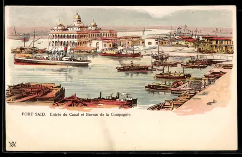 Lithographie Port Said, Entree du Canal et Bureau de la Compagnie, Hafenansicht