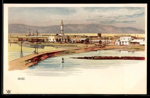AK Port Said, Ort vom Suez-Kanal aus gesehen