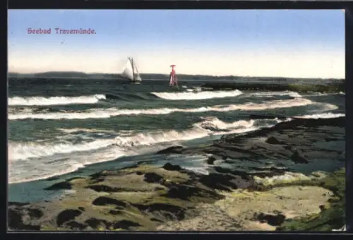 AK Travemünde, Seebad, Strand, Im Hintergrund Segelboot