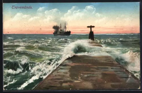 AK Ostseebad Travemünde, Schiff bei starken Wellengang