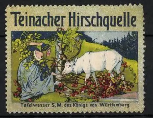 Reklamemarke Teinach, Tafelwasser Teinacher Hirschquelle, Hirsch mit Frau und Ästen