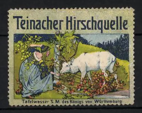 Reklamemarke Teinach, Teinacher Hirschquelle, Tafelwasser, Frau mit Hirsch