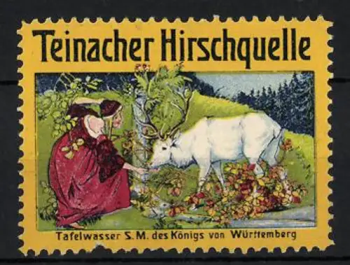 Reklamemarke Teinach, Tafelwasser, Teinacher Hirschquelle, Frau mit Hirsch